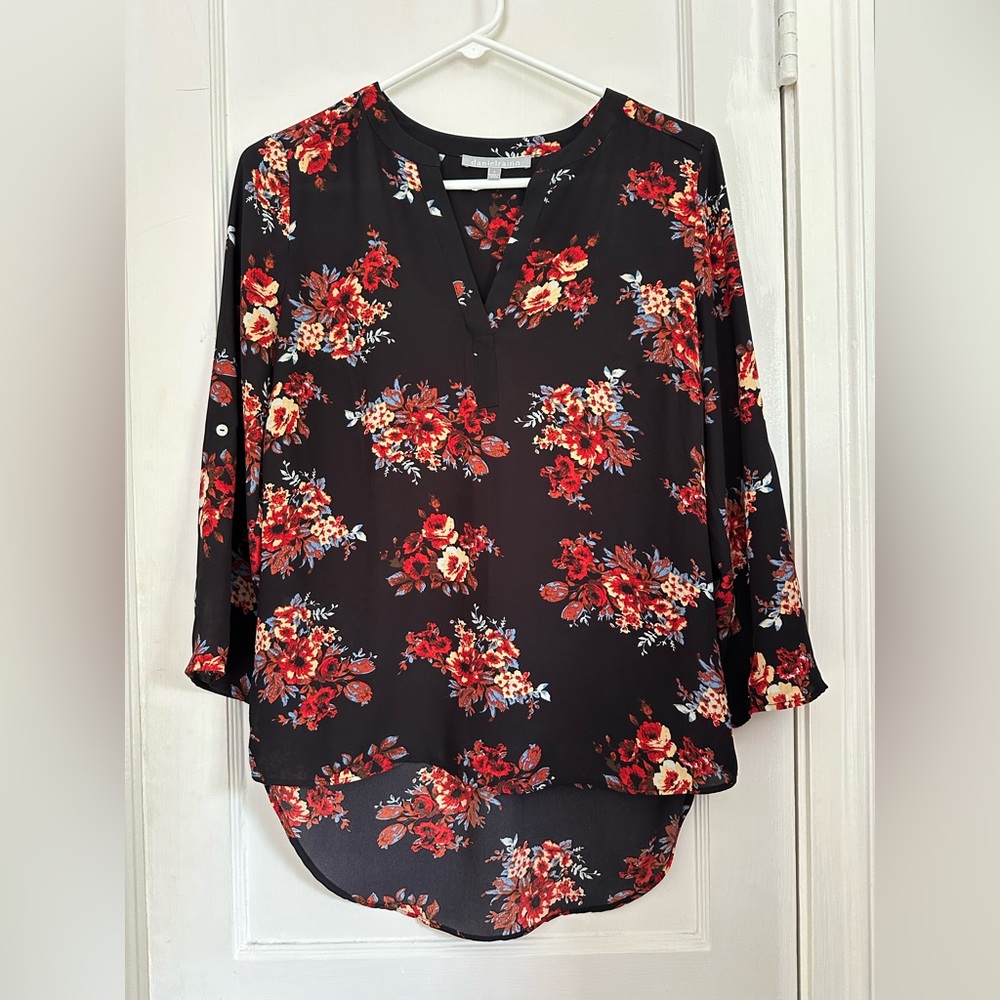 Daniel Rainn Red and Orange Relaxed Blouse with Mandarin Collar